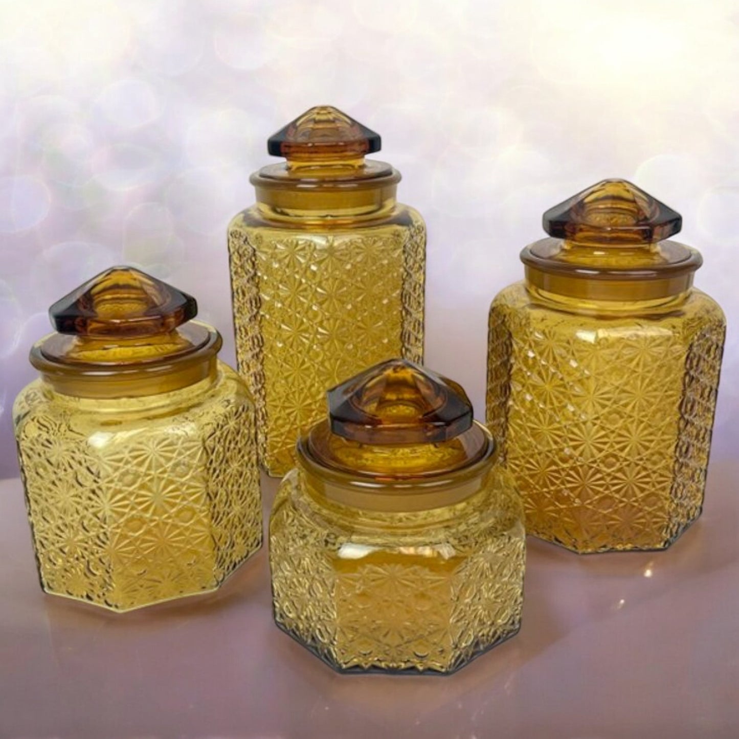 L E Smith Daisy and Button Glass Jars