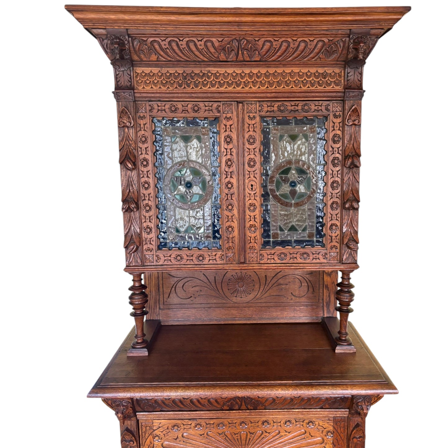 Antique Mechelen Style Hunt Cabinet With Stained Glass Doors