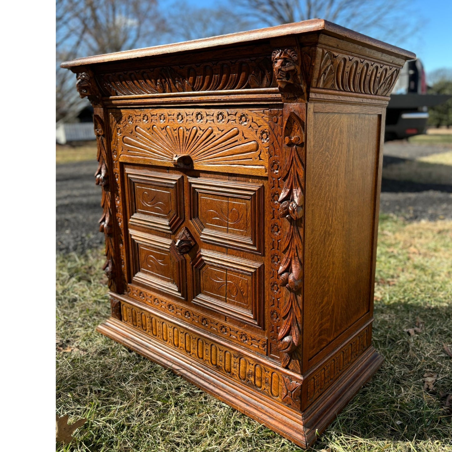 Antique Mechelen Style Hunt Cabinet With Stained Glass Doors