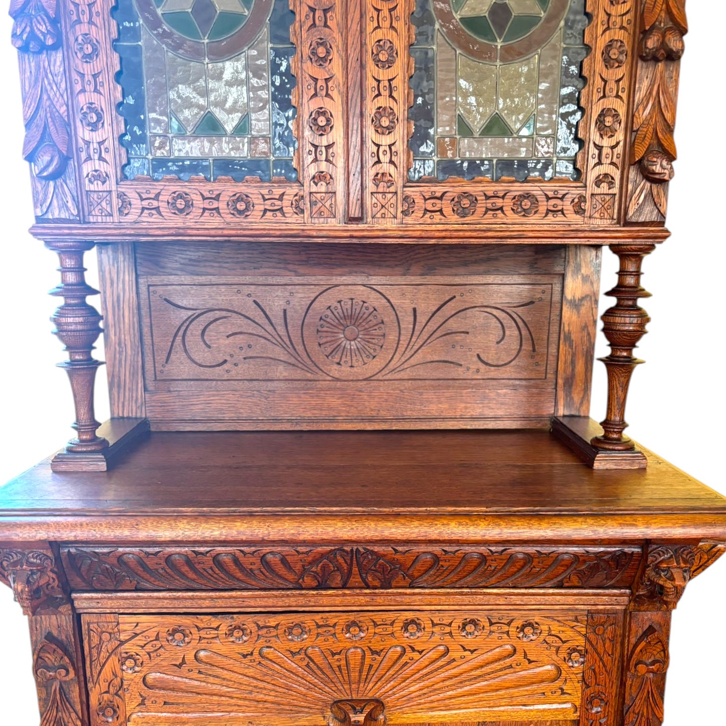 Antique Mechelen Style Hunt Cabinet With Stained Glass Doors