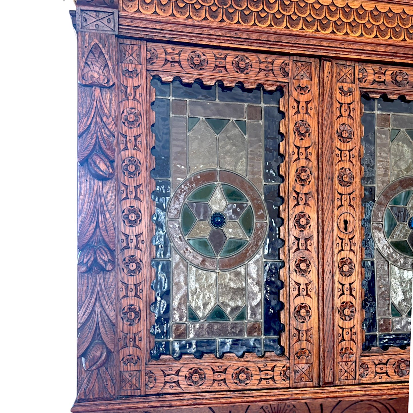 Antique Mechelen Style Hunt Cabinet With Stained Glass Doors