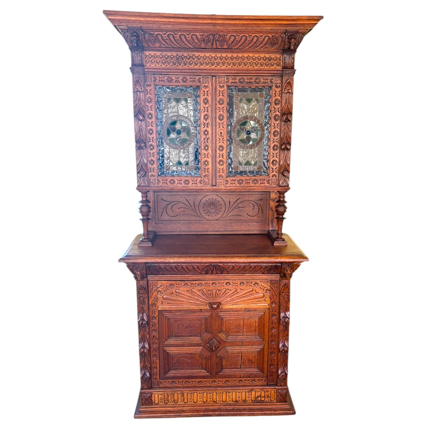 Antique Mechelen Style Hunt Cabinet With Stained Glass Doors