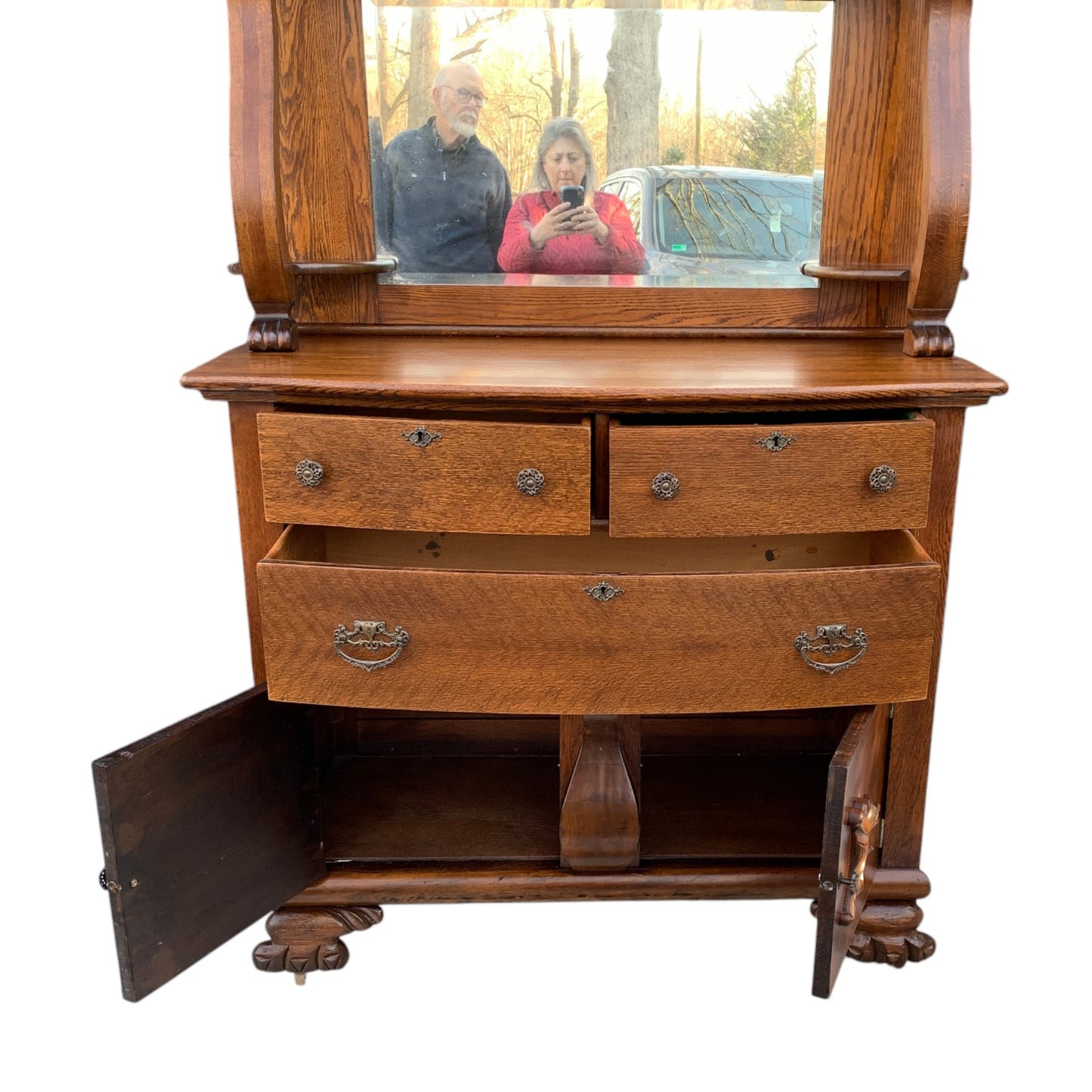 Antique Carved Oak Sideboard with Mirror Backsplash