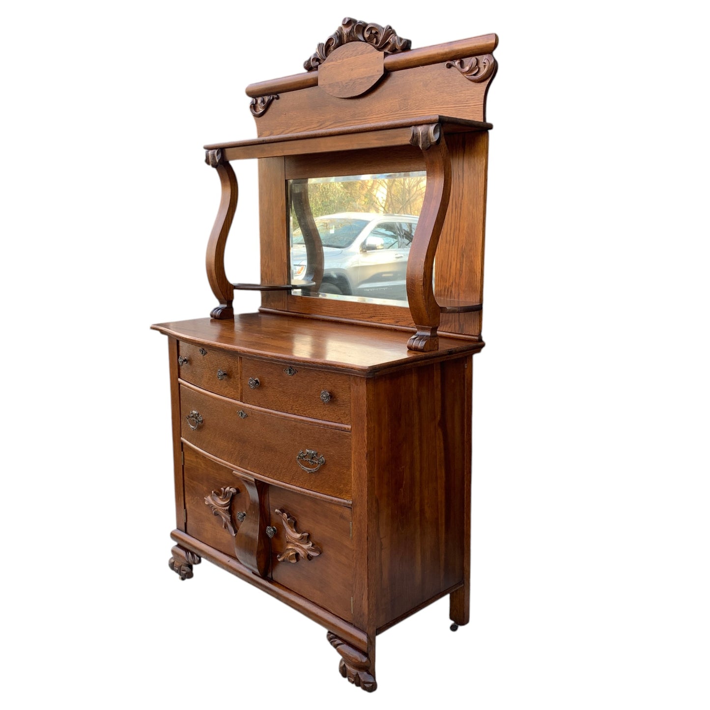 Antique Carved Oak Sideboard with Mirror Backsplash