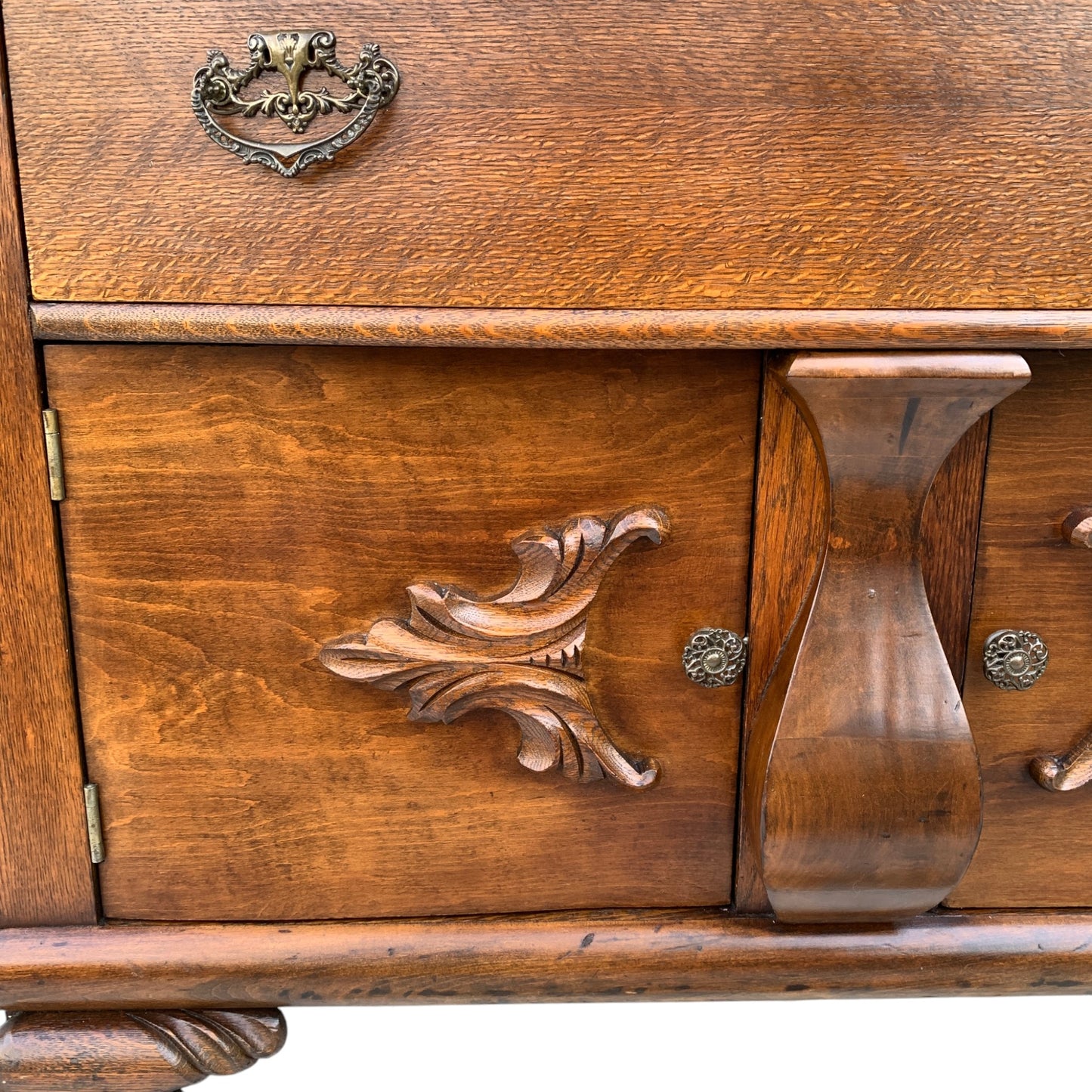 Antique Carved Oak Sideboard with Mirror Backsplash