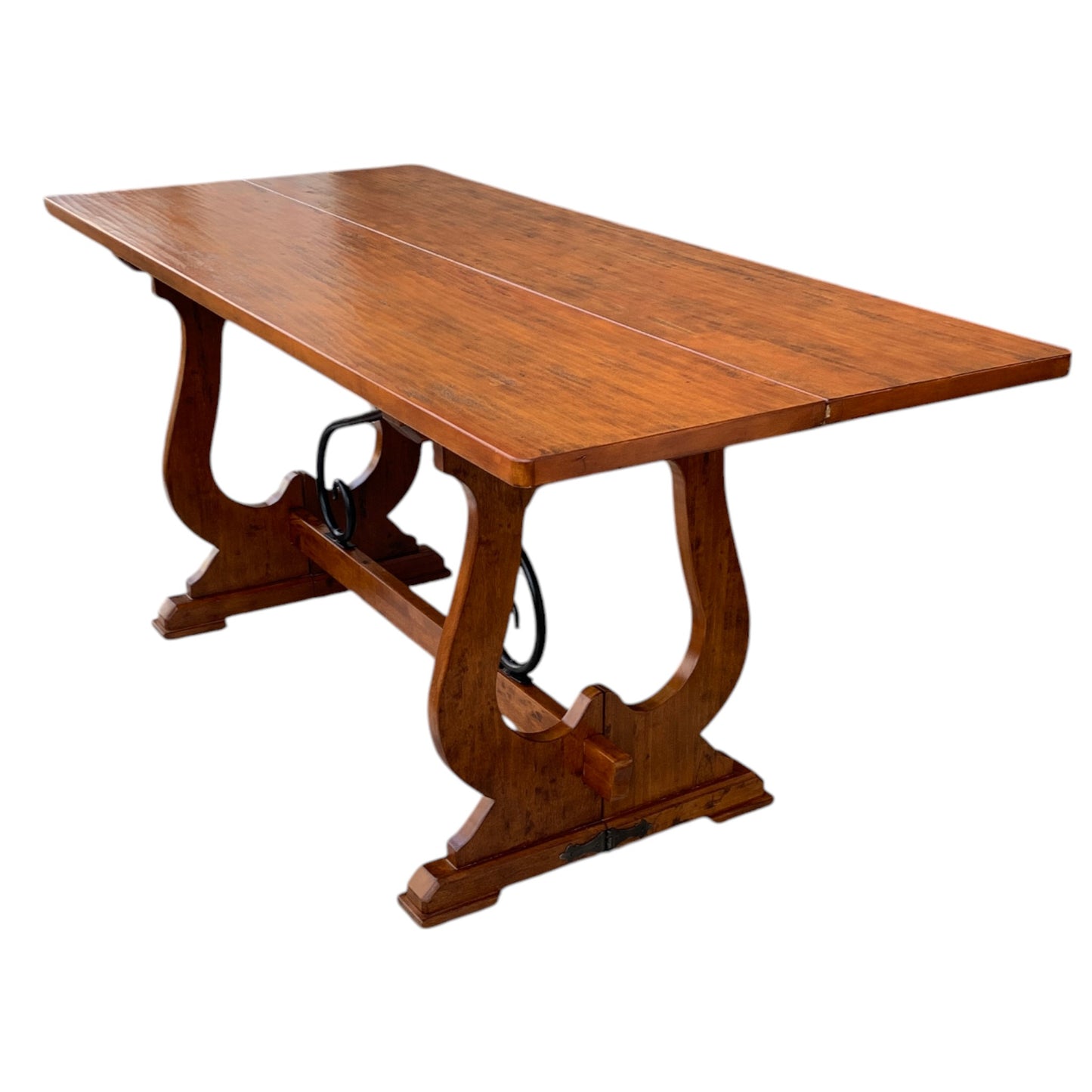 Unique "Fratino" Console Table With Fold-Over Top, Iron Supports, and Lyre-Shaped Hinged Legs