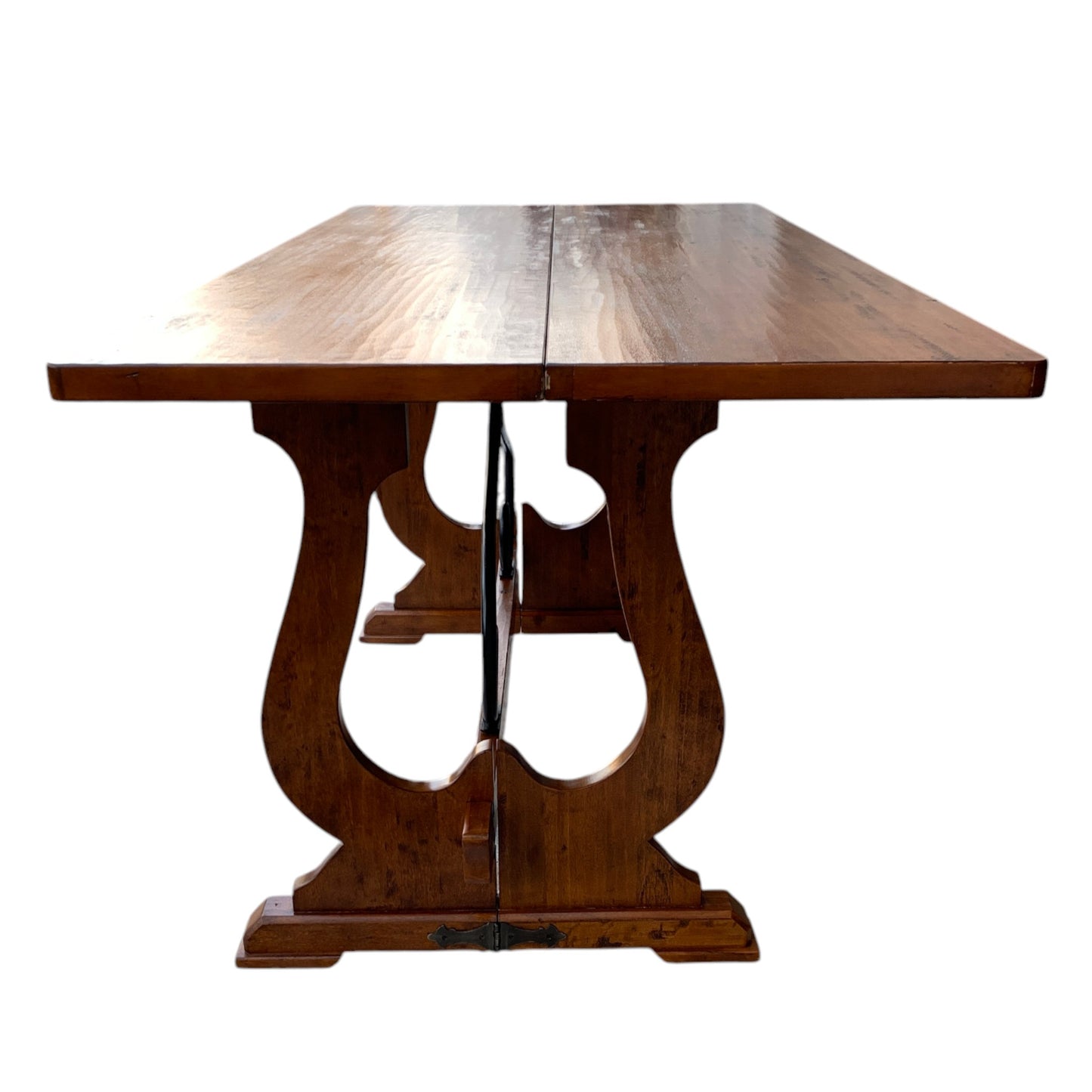 Unique "Fratino" Console Table With Fold-Over Top, Iron Supports, and Lyre-Shaped Hinged Legs