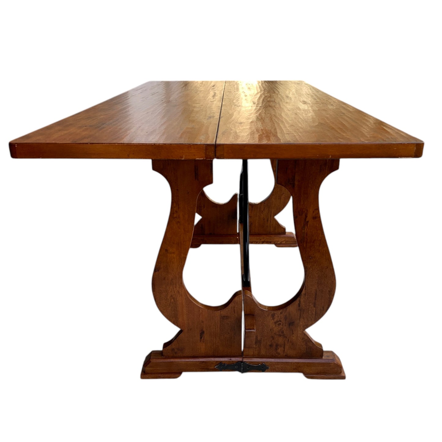 Unique "Fratino" Console Table With Fold-Over Top, Iron Supports, and Lyre-Shaped Hinged Legs