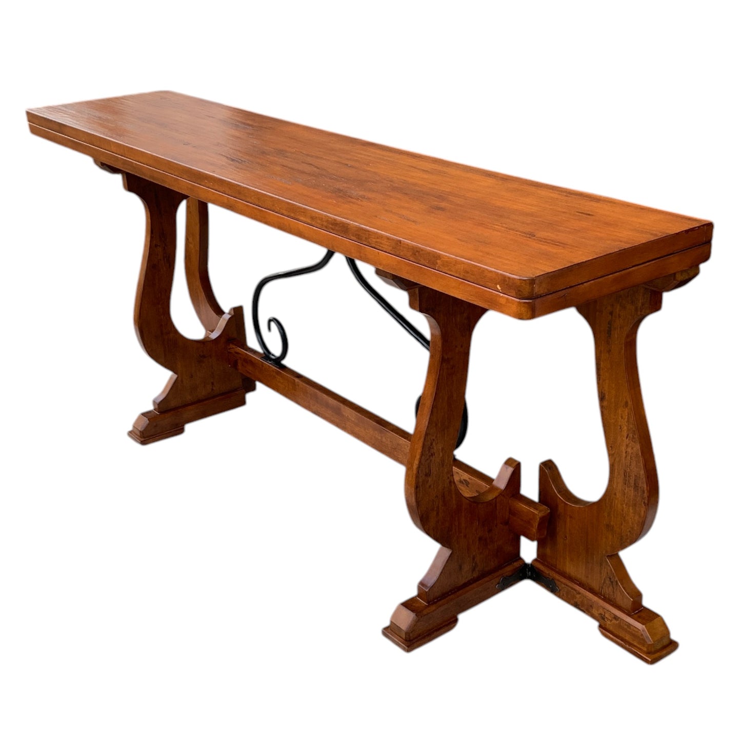 Unique "Fratino" Console Table With Fold-Over Top, Iron Supports, and Lyre-Shaped Hinged Legs