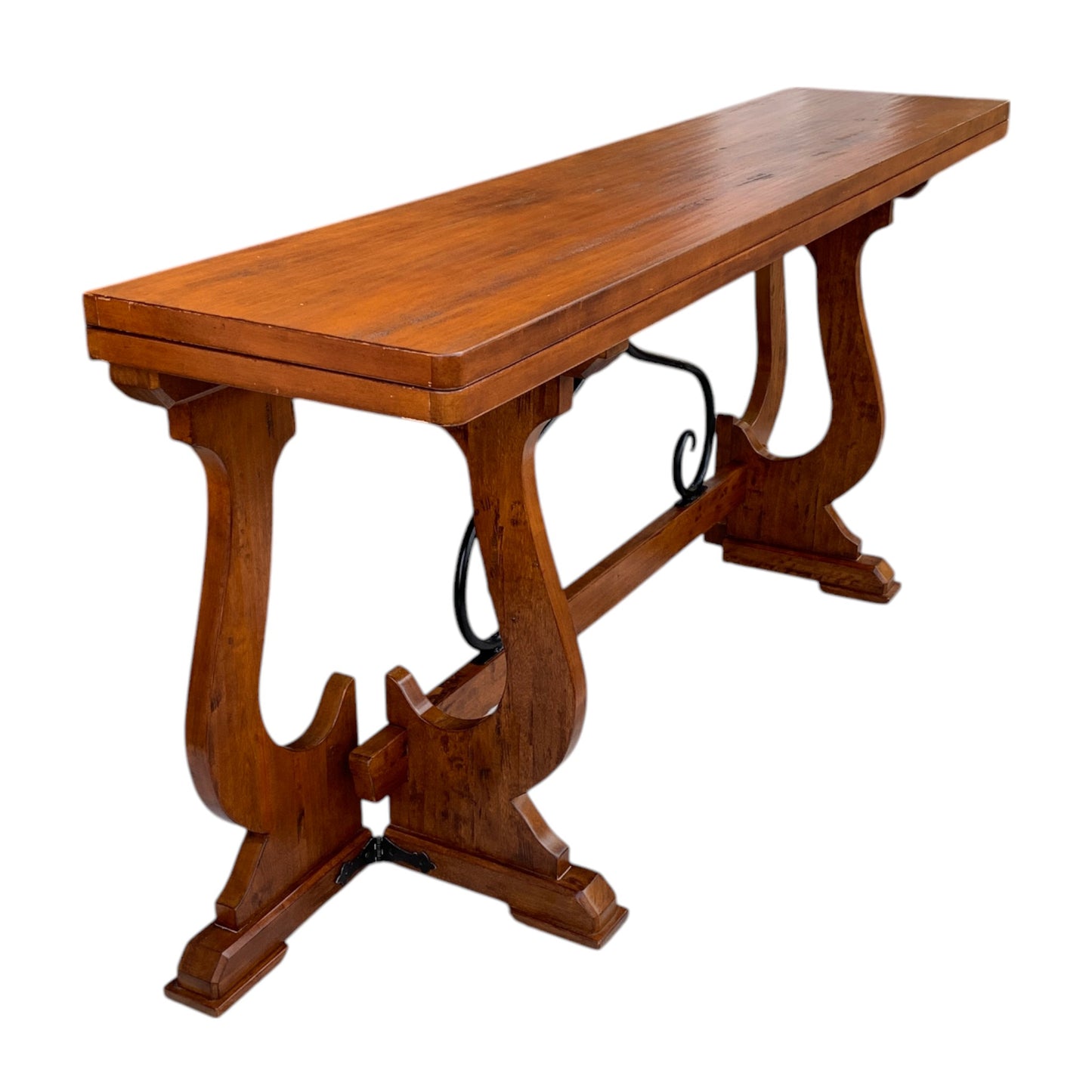 Unique "Fratino" Console Table With Fold-Over Top, Iron Supports, and Lyre-Shaped Hinged Legs