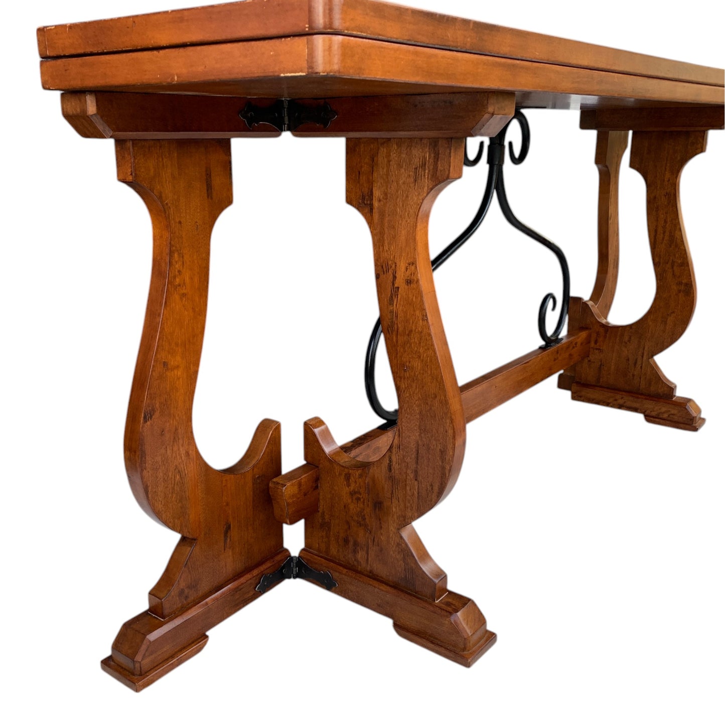 Unique "Fratino" Console Table With Fold-Over Top, Iron Supports, and Lyre-Shaped Hinged Legs