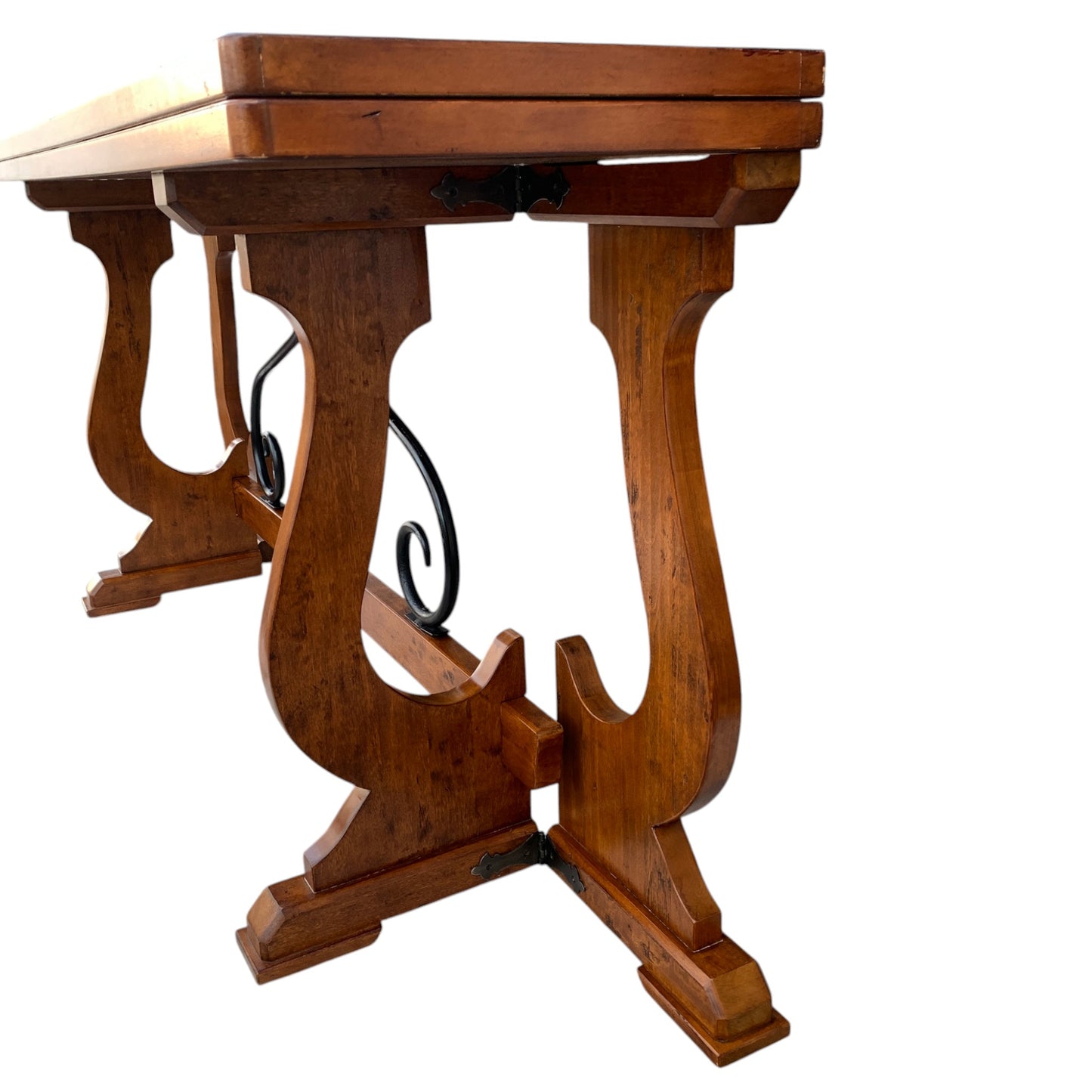 Unique "Fratino" Console Table With Fold-Over Top, Iron Supports, and Lyre-Shaped Hinged Legs