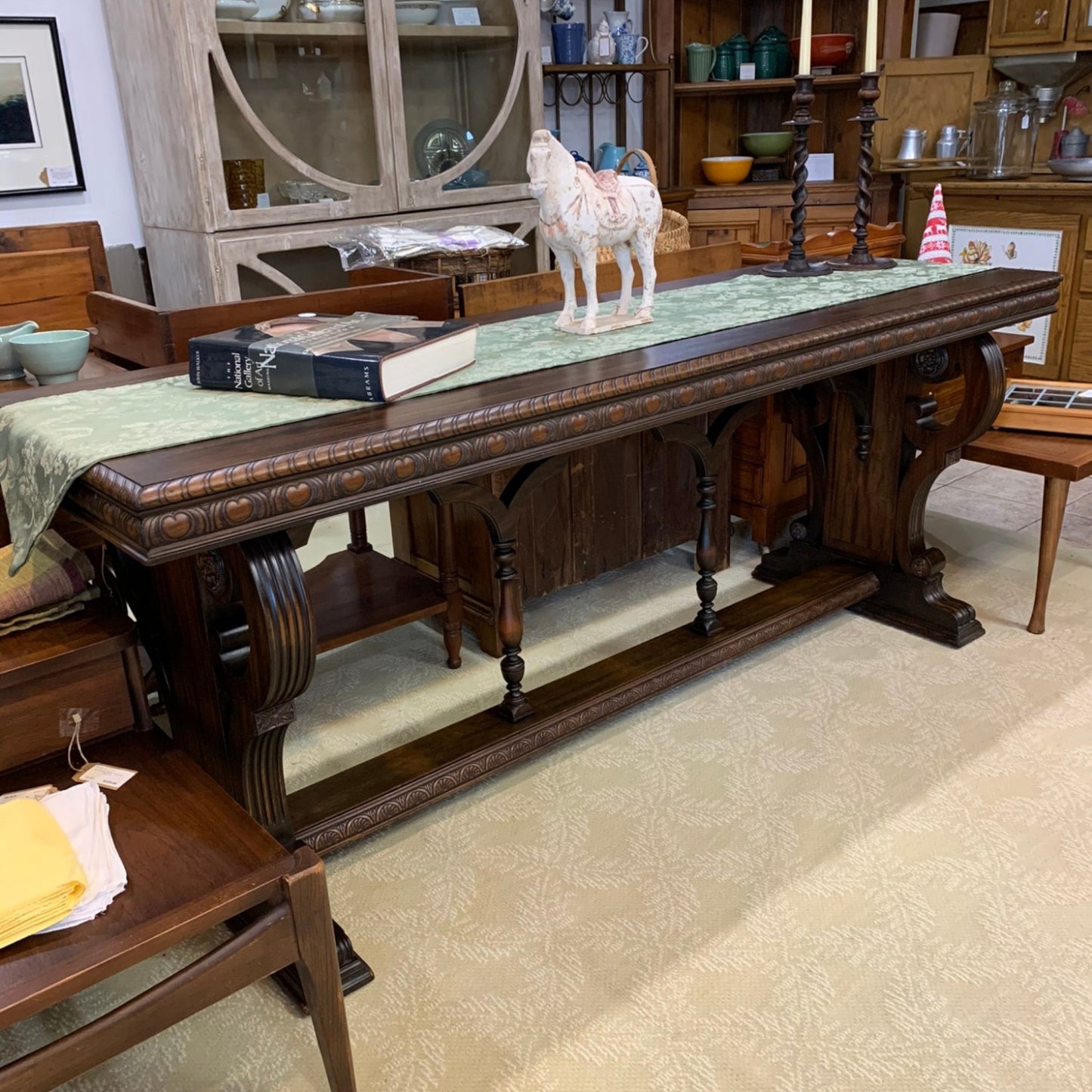 Antique Carved Walnut Jacobean Style Library Table